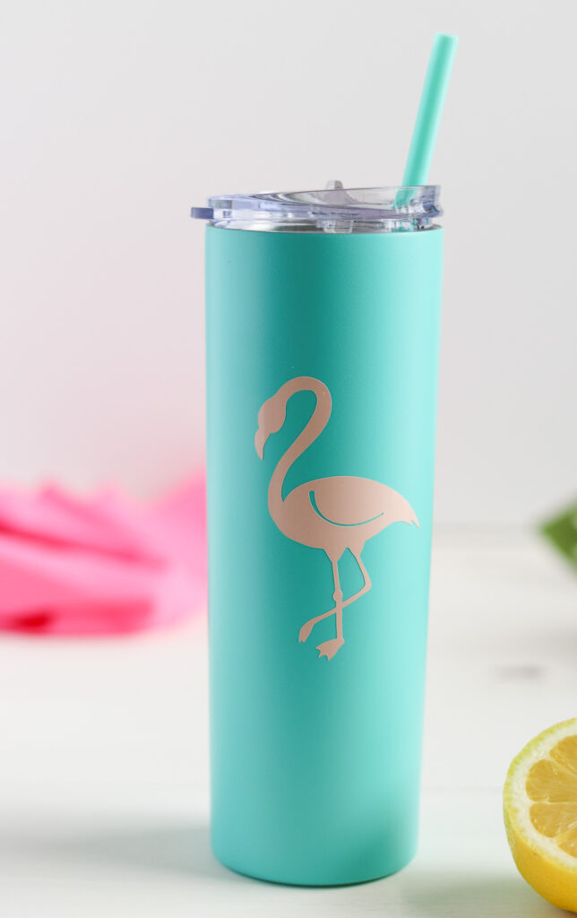 teal tumbler with pink flamingo decal