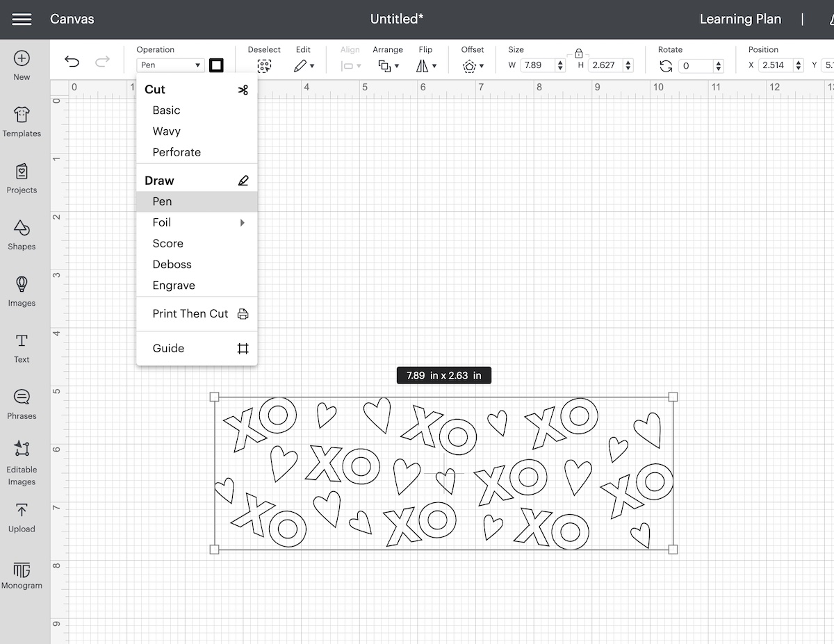 setting design to draw in cricut design space