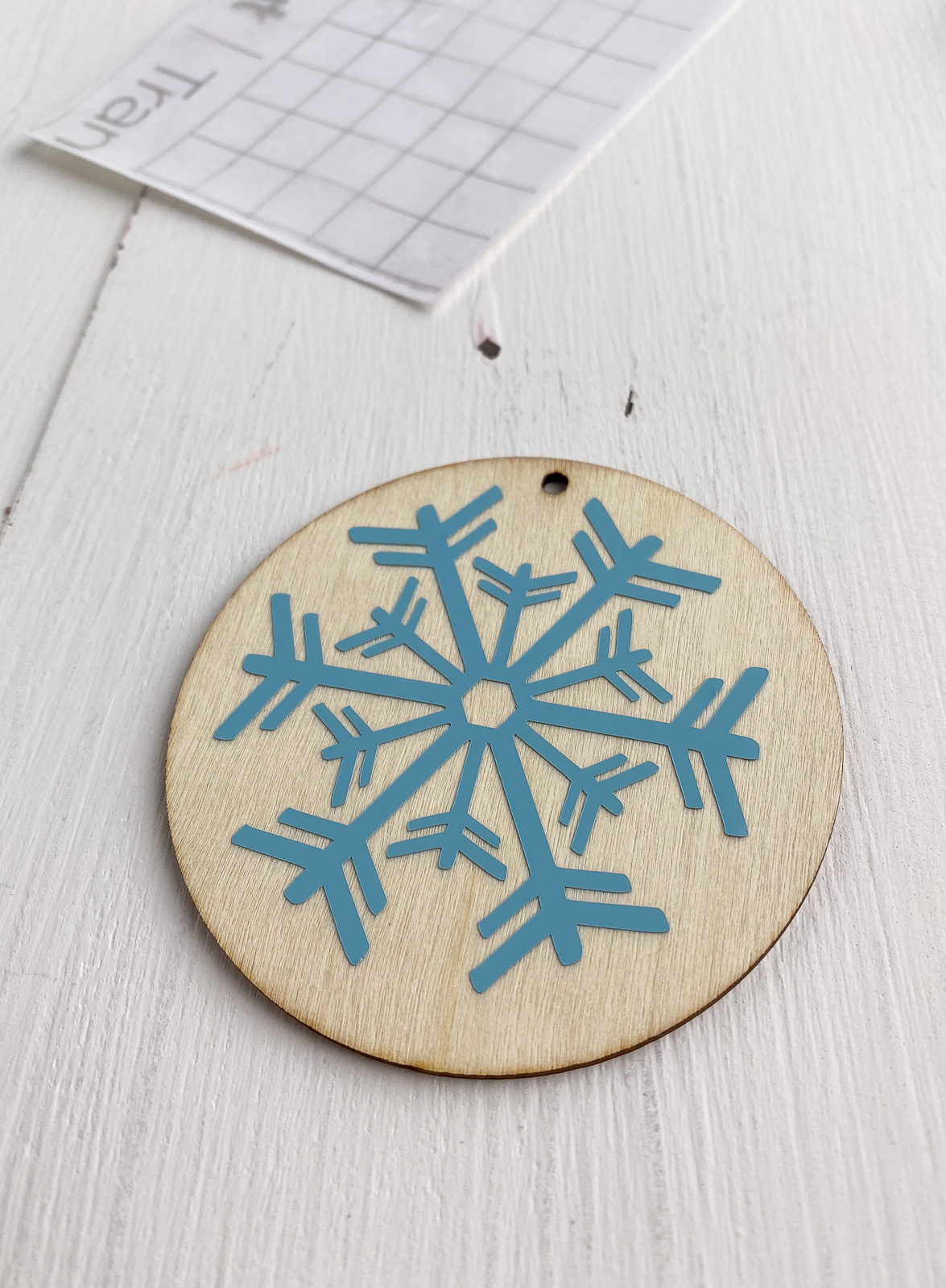 wood ornament blank with vinyl snowflake decal