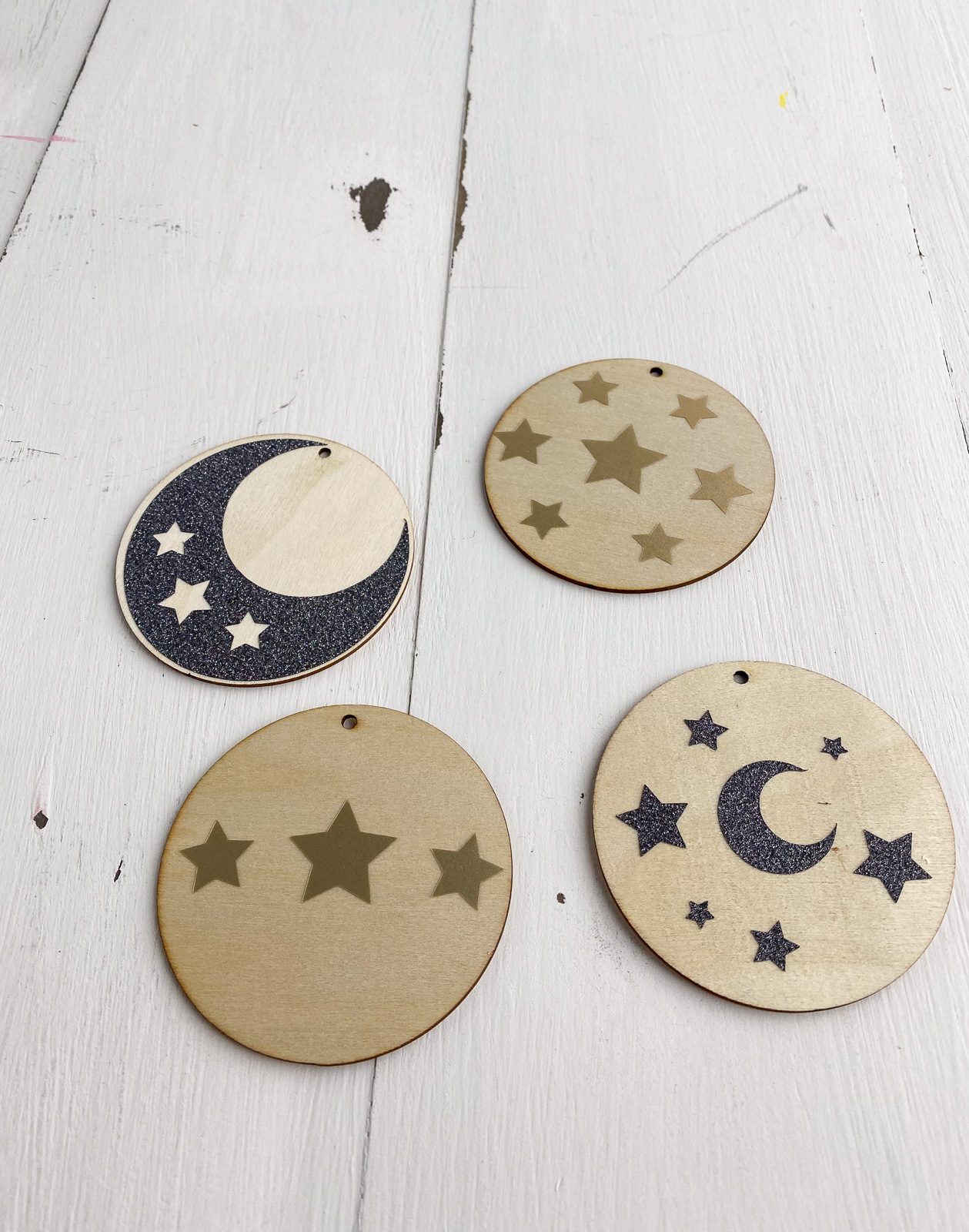 ornaments with vinyl moons and stars